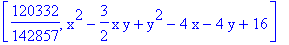 [120332/142857, x^2-3/2*x*y+y^2-4*x-4*y+16]